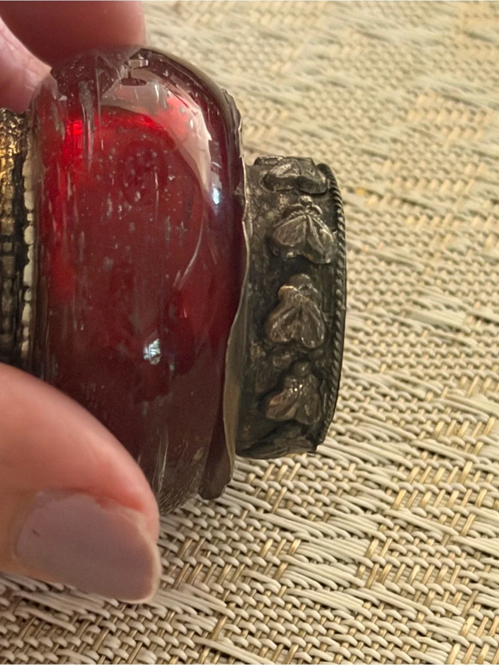 Antique  snuff or pill box snuff jar Red glass silver ornate metal